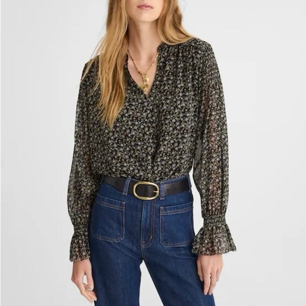 NWT Madewell Semi-Sheer Split Neck Smocked Lined Top Jet Black Floral Size XS